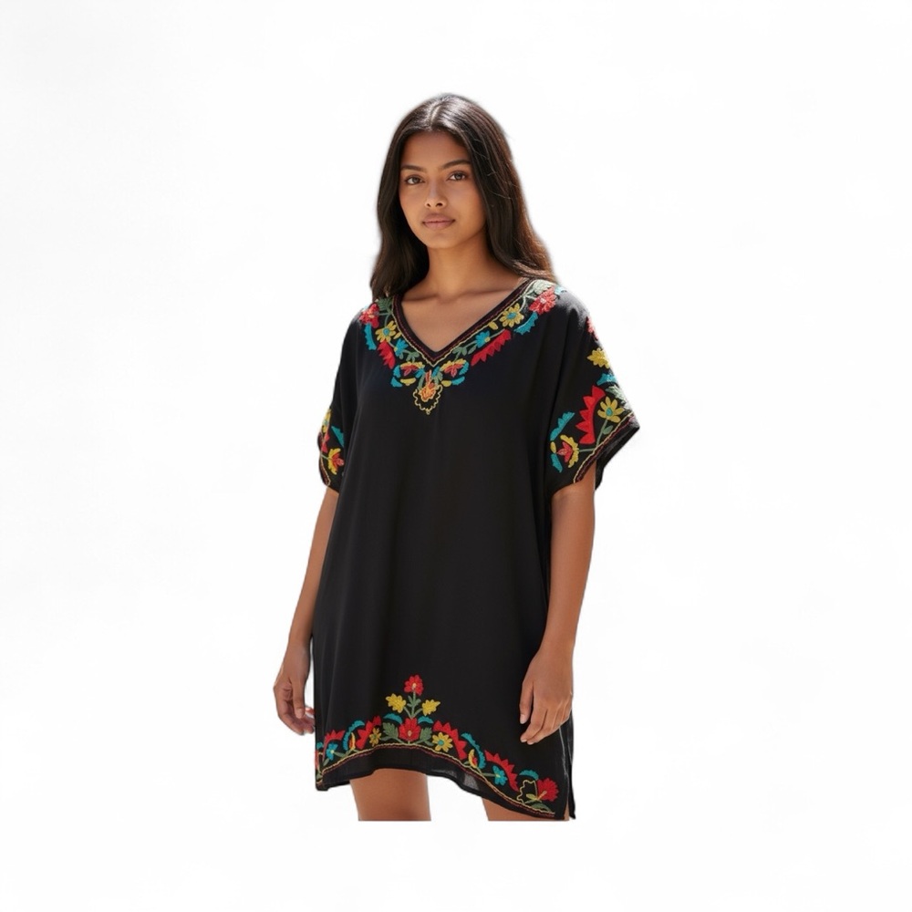 A&A Clothing Black Floral Embroidered Tunic Dress Size S